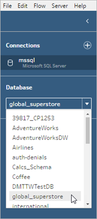 Elenco a discesa Database in un flusso con un elenco di database da selezionare.