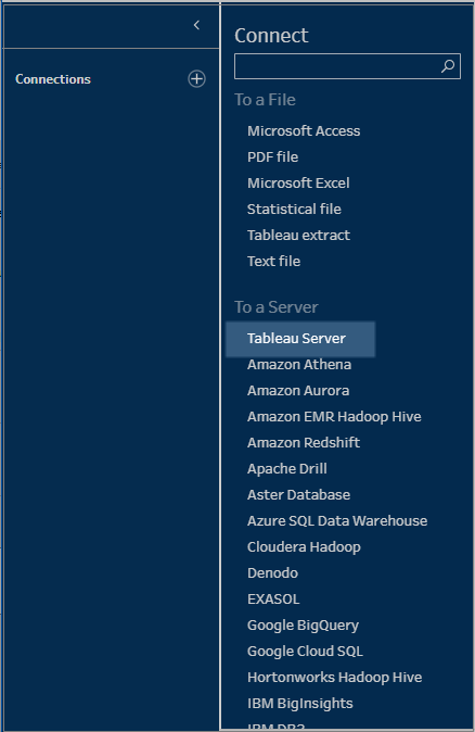 Riquadro Connetti di Tableau Prep con la connessione a Tableau Server evidenziata.