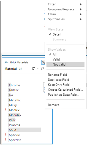 Una scheda Profilo in un flusso di Tableau Prep che mostra l'opzione di menu Non valido selezionata per mostrare solo i valori non validi per il ruolo dati.