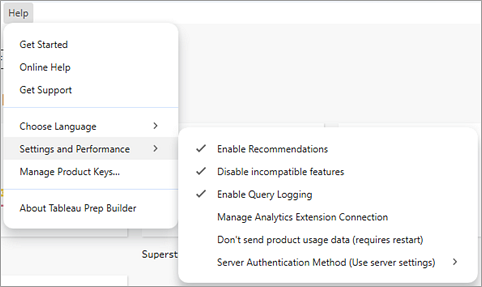 Menu Impostazioni e prestazioni di Tableau Prep.