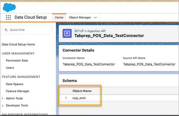 Pagina Dettagli connettore dell'API di inserimento di Salesforce Data Cloud, che mostra oggetti corrispondenti per il connettore.