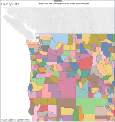 Riquadro di visualizzazione del browser della mappa con ingrandimento sullo stato di Washington.