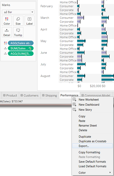 Il menu di scelta rapida di un foglio di lavoro visualizza l’opzione Esporta.