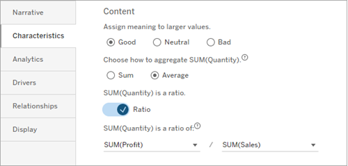 Menu Impostazioni aperto alla scheda Caratteristiche con aggregato impostato su media, rapporto attivato e rapporto creato per profitto e vendite.