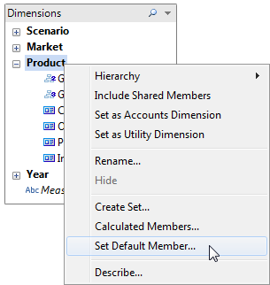 Menu a discesa con opzioni per impostare un membro predefinito, descrivere, creare un insieme e rinominare i membri.