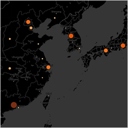Mappa che utilizza lo stile di mappa di sfondo Scuro in Tableau.