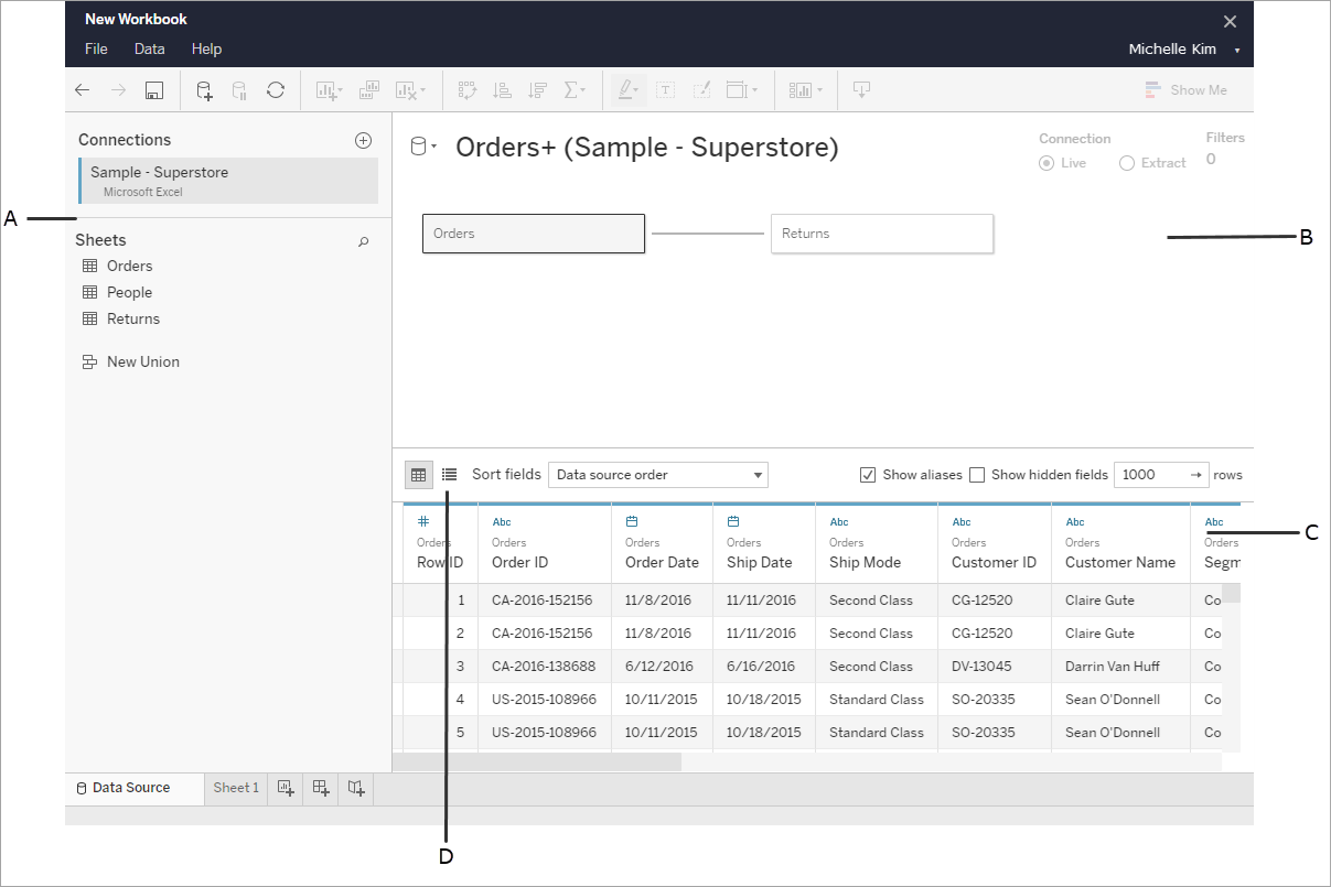 Riquadro dell’origine dati in Tableau Cloud.