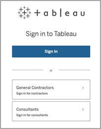Pagina di destinazione per l’accesso a Tableau con opzioni di accesso separate per appaltatori generali e consulenti.