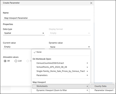 Finestra di dialogo Crea un parametro con le opzioni per il tipo di dati impostate su Spaziale e i valori consentiti impostati su Tutti. Il menu Valore dinamico viene espanso per mostrare i riquadri di visualizzazione del browser della mappa.