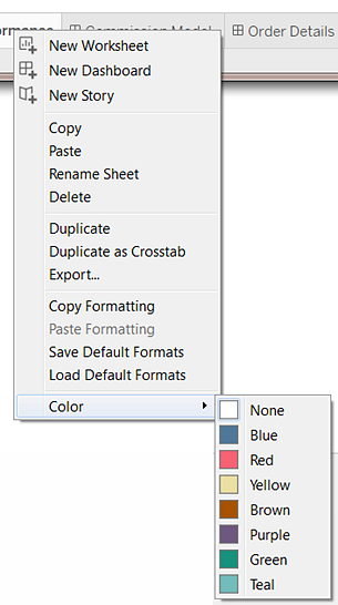 Menu dei comandi del foglio che mostra il menu a discesa dei colori per identificare le schede assegnando a ciascuna un colore.