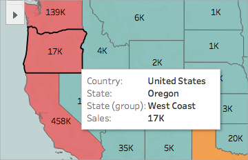 Mappa degli Stati Uniti con l’Oregon evidenziato e informazioni che mostrano i dati di vendita.