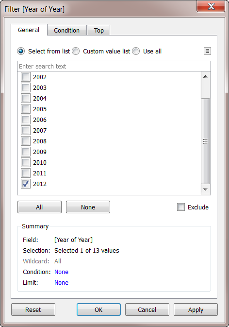 Una finestra di dialogo Filtro con caselle di controllo per selezionare gli anni dal 2002 al 2012.