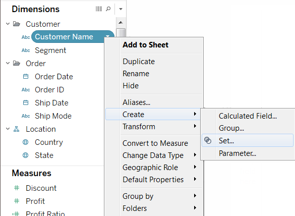 Menu di scelta rapida del campo Dimensione con opzione per creare un set.