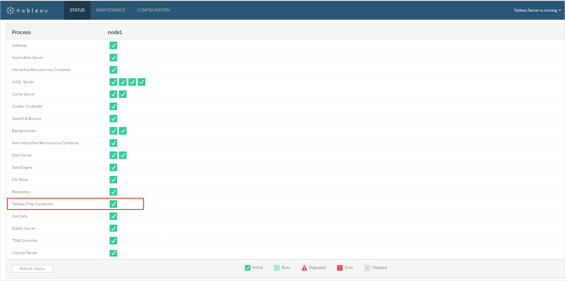Scheda Stato dell’interfaccia Web di Tableau Services Manager che mostra che Tableau Prep Conductor è abilitato e in esecuzione.