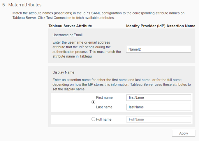 Schermata della fase 5 per la configurazione di SAML del sito per Tableau Server - attributi corrispondenti