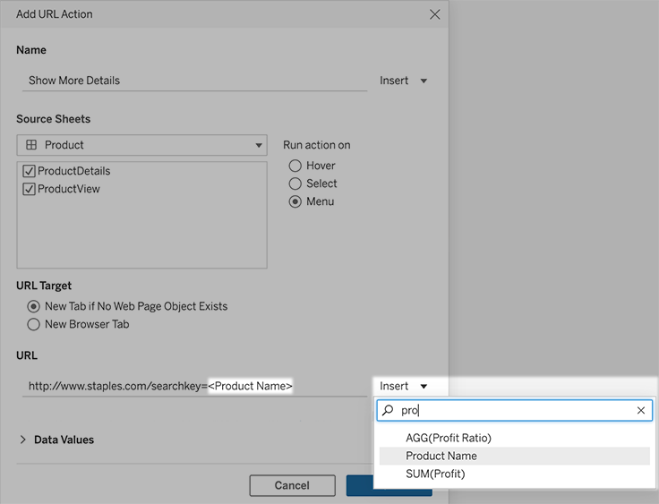 Finestra con campi per l’aggiunta di una nuova azione URL.