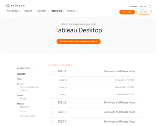 Tableau Desktop のリリース ノートとダウンロード リンク。