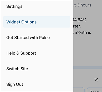 ウィジェット オプションが強調表示されたモバイル ナビゲーション パネル