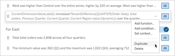 1 つのストーリー文が選択されている [ストーリーの編集] ダイアログ ボックス。メニューが開いています。[複製] オプションが強調表示されています。