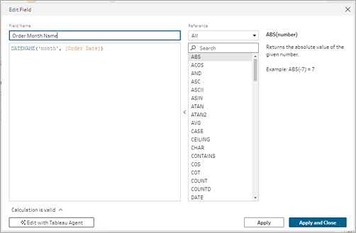 Tableau Agent から返された計算を表示している計算ダイアログ。