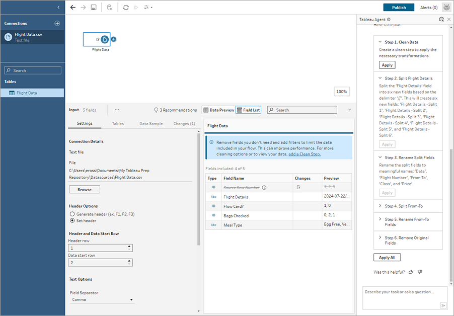 Tableau Prep フローに表示されているTableau Agent ペインに、フィールドを分割する計画が返されます。