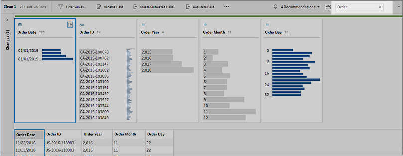 Tableau Prep でオーダー フィールドを検索します。