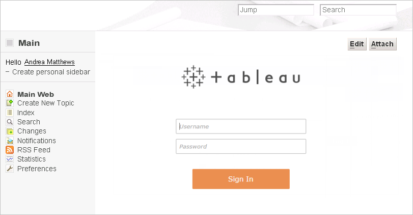 ユーザー名とパスワードのフィールドがある Tableau サインイン ページ。