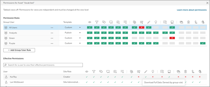 パーミッション ルールと有効なパーミッションを表示するワークブック レベルのパーミッション ダイアログ