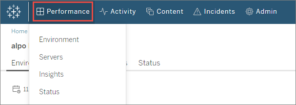 Tableau Server のパフォーマンス ドロップダウン。