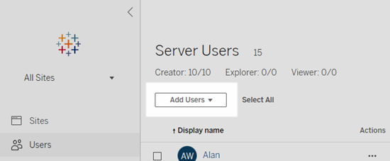Tableau Server にユーザーを追加するオプション。