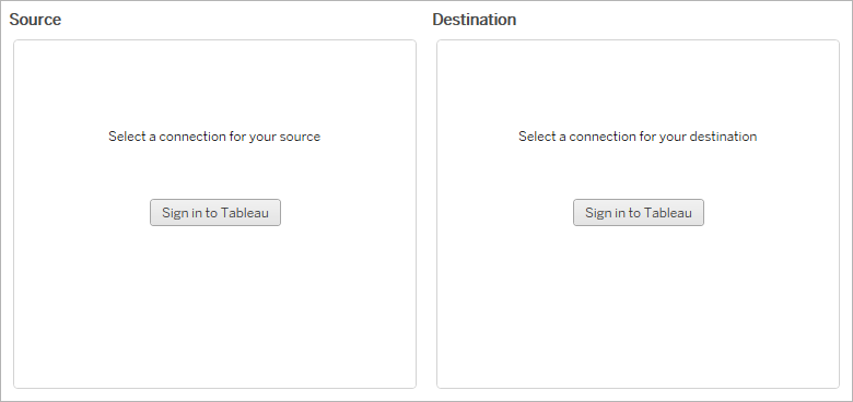 Tableau에서 원본 및 대상 연결을 선택하기 위한 이중 패널 인터페이스입니다.
