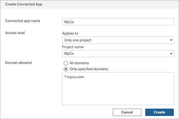 연결된 앱을 만드는 양식이며, 앱 이름, 액세스 수준, 도메인 허용 목록 필드가 있습니다.