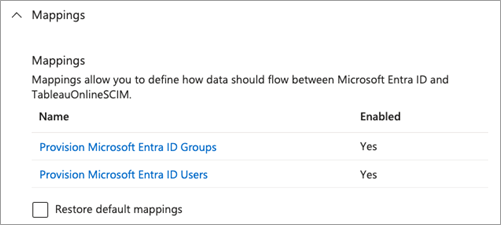 Microsoft Entra ID와 Tableau Cloud SCIM 간의 데이터 흐름을 정의하는 설정 페이지입니다.