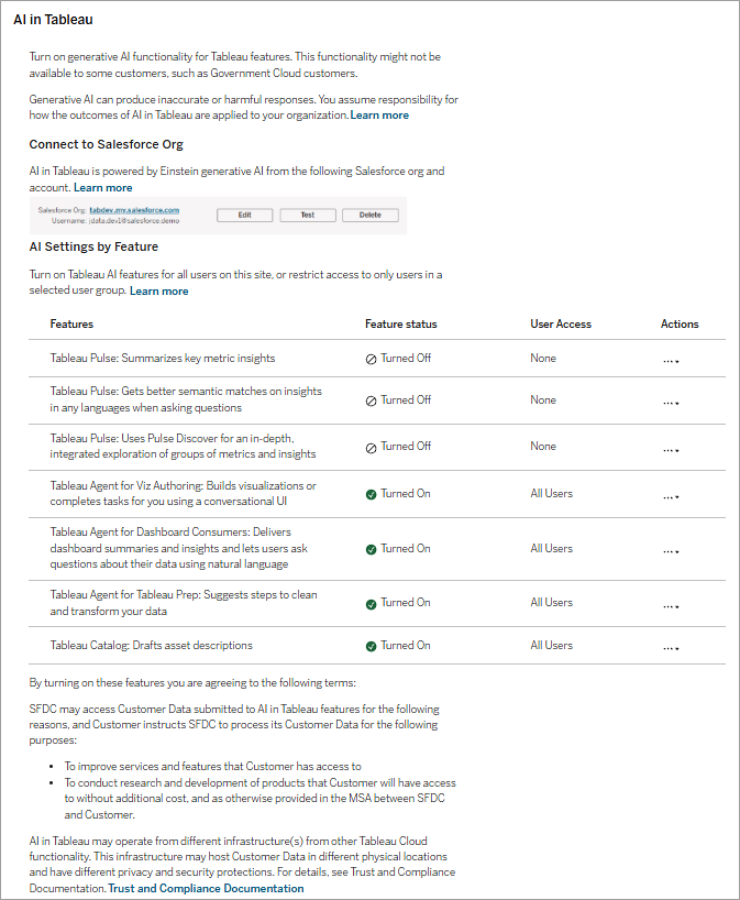 Tableau의 AI 사이트 설정 섹션입니다.