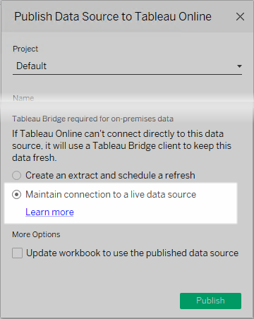 Tableau Online에 데이터 원본을 게시하기 위한 대화 상자로, 라이브로 연결하거나 추출을 만드는 옵션이 제공됩니다.