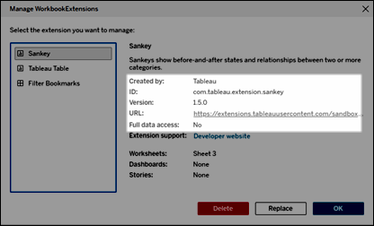 확장 프로그램 세부 정보 섹션이 하이라이트된 통합 문서 확장 프로그램 관리 대화 상자입니다.