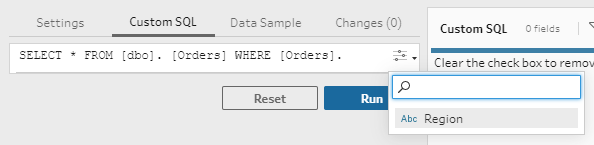 '사용자 지정 SQL' 탭이 선택되고 SQL 쿼리 편집기에 "SELECT * FROM [dbo]. [주문] WHERE [주문]" 쿼리가 표시되어 있습니다. 