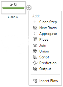 Tableau Prep 흐름선 메뉴가 열리고 Prep 옵션이 표시되어 있습니다.