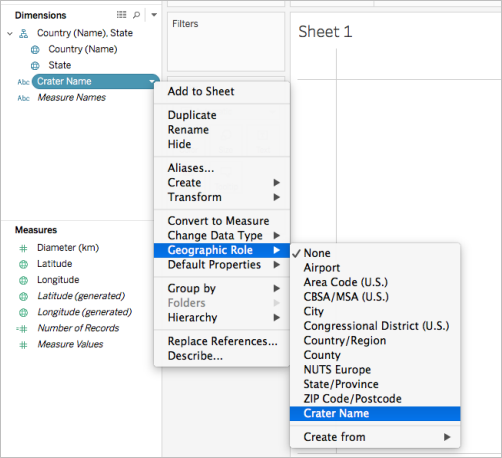 두 개의 상황에 맞는 메뉴가 있는 테이블입니다. 첫 번째는 '지리적 역할'이라는 레이블이 지정되어 있고 '없음' 옵션이 선택되어 있으며, 두 번째는 '분화구 이름'이라는 레이블이 지정되어 있고 '없음', '공항', '지역번호(미국)' 등의 옵션이 있습니다.