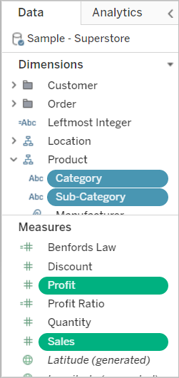 제품 범주와 하위 범주가 선택되어 있고, 수익과 매출 측정값이 포함된 슈퍼스토어 데이터 집합의 차원과 측정값 목록입니다.