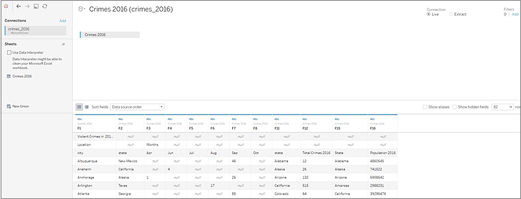 추가 서식이 적용된 스프레드시트의 결과에, 세로로 읽고 각 열에 기본값을 할당하며 빈 셀은 null 값으로 읽히는 데이터가 나타납니다.