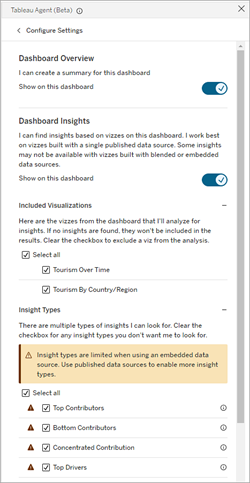 Tableau Desktop의 Tableau Agent 구성 패널입니다.