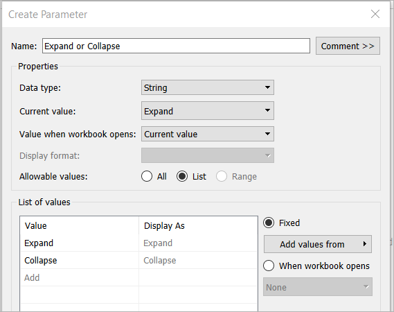 확장 또는 축소 매개 변수에 대한 값 목록입니다.