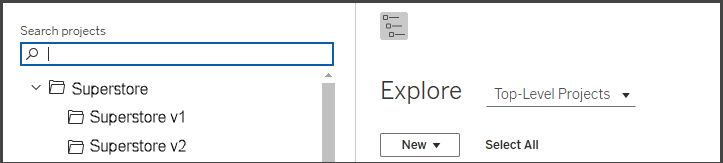 Tableau Cloud의 탐색 패널에 있는 프로젝트 트리입니다.