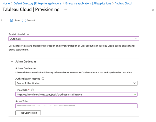 Een configuratiescherm met instellingen voor het inrichten van Tableau Cloud.