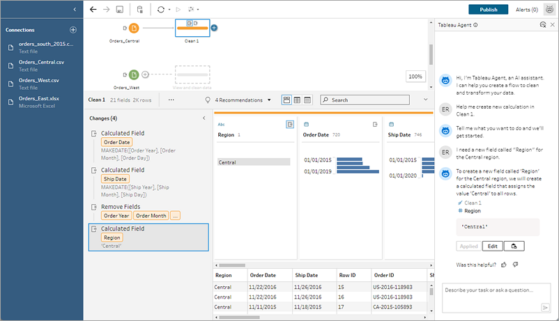 Tableau Prep-flow met Tableau Agent die een nieuw berekend veld toepast.