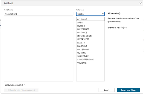 Het dialoogvenster van de berekeningseditor toont de opties voor ruimtelijke berekeningen.