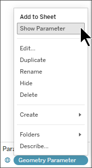 Contextmenu voor parameters met de optie Parameter weergeven gemarkeerd.