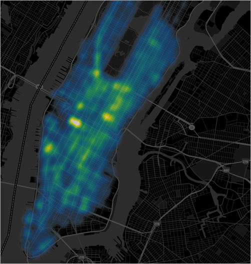 Een heatmap met ophaal- en afzetlocaties voor taxi's in Manhattan.