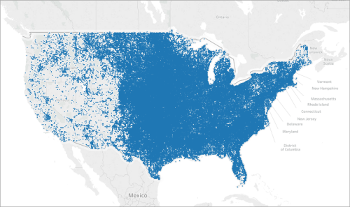 Een kaart met datapunten geclusterd in het oosten van de Verenigde Staten.